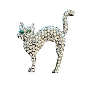Rhinestone Cat Brooch Pin Silver Tone Green Eyes Crystal Costume Jewelry Unmarke